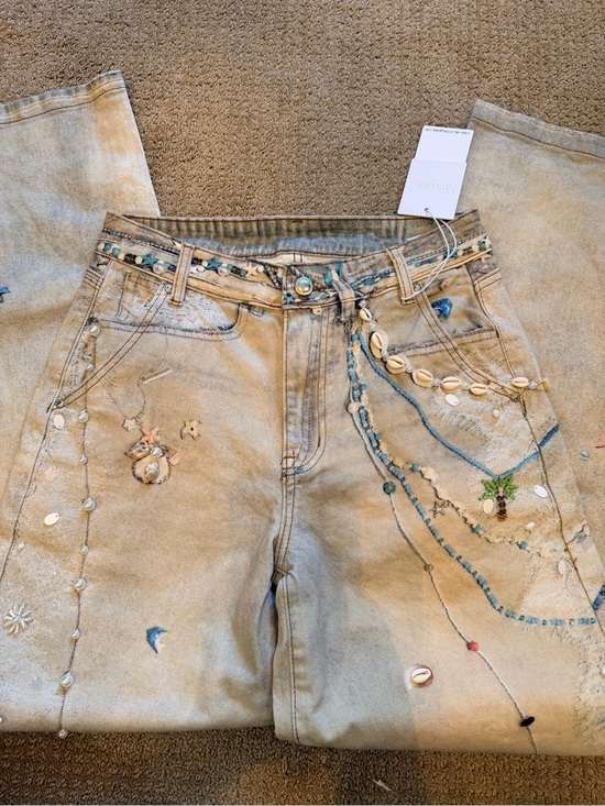 Boutique Denim - Boutique Light Wash Embellished and hand painted Wide-Leg Jeans NWT